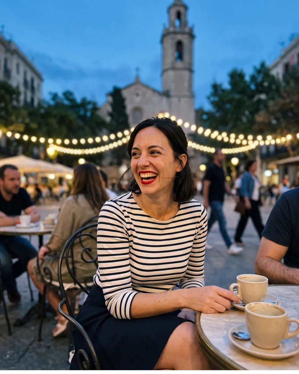 Una mujer de media melena oscura, labios rojos y jersey de rayas se ríe en la terraza de una plaza de Gràcia al anochecer, con un campanario y guirnaldas de luces detrás (imagen generada por IA)