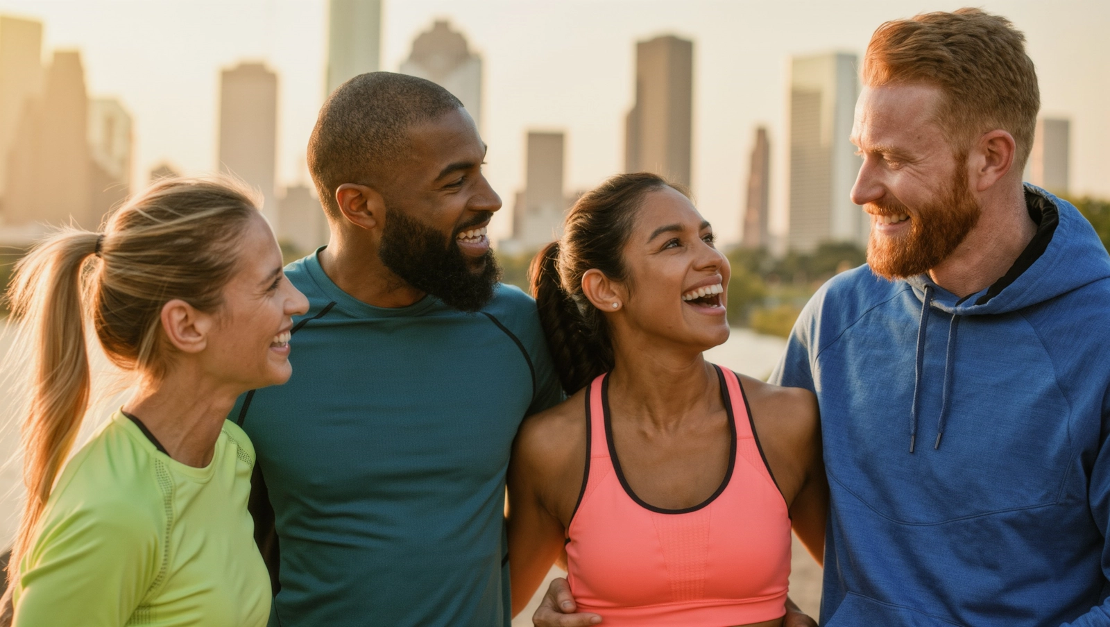 Four friends in running clothes laughing together at golden hour, the Houston skyline behind them
