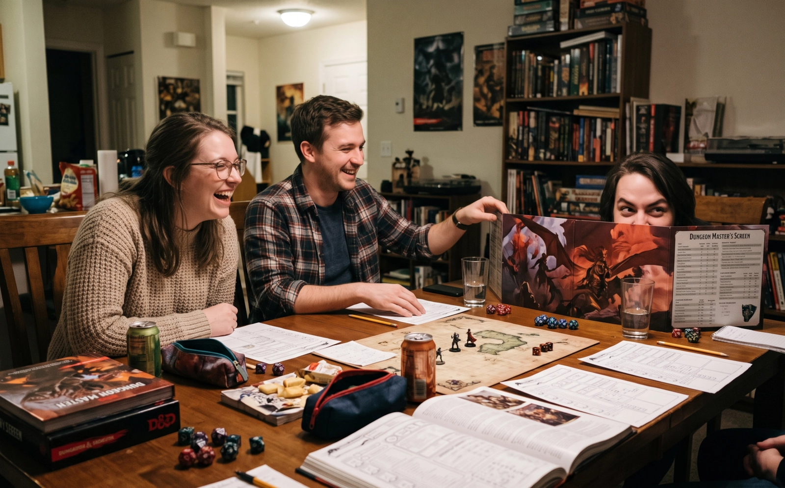 A couple laughing at a tabletop role-playing session with a game master behind a screen