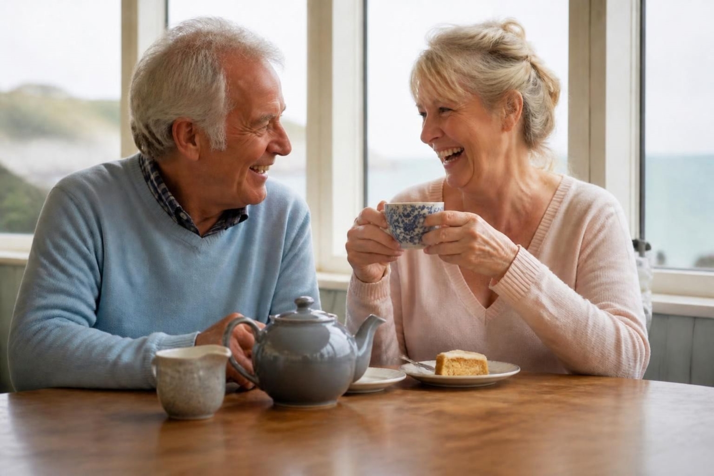 An older couple laughing over tea and cake at a bright seaside café table