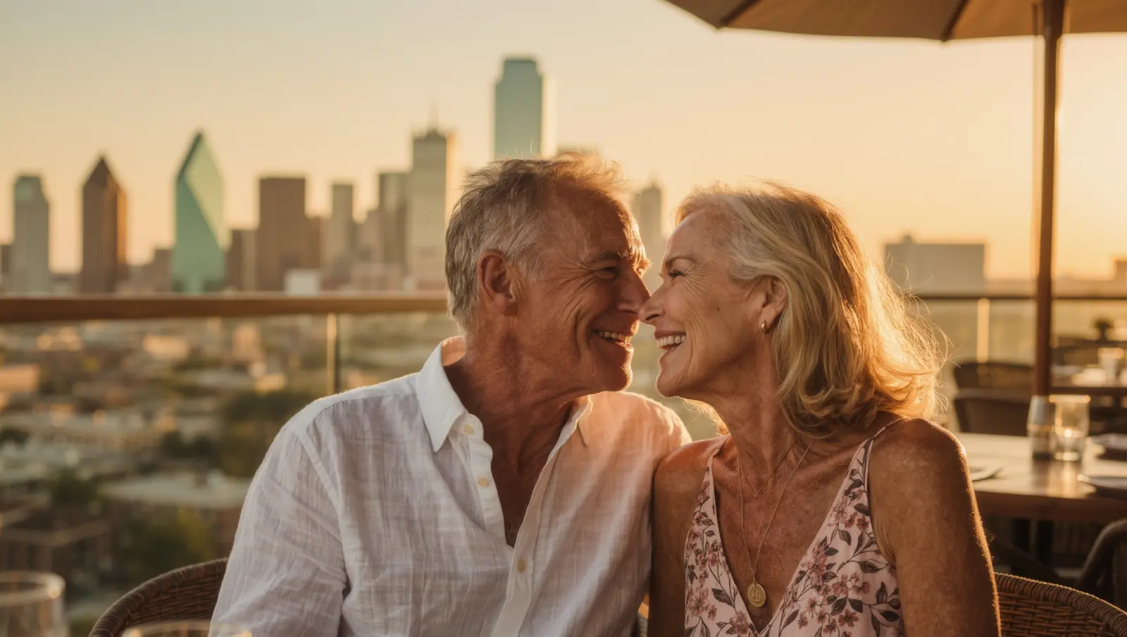 A couple in their 60s laughing together on a rooftop restaurant terrace at sunset with the Dallas skyline behind them