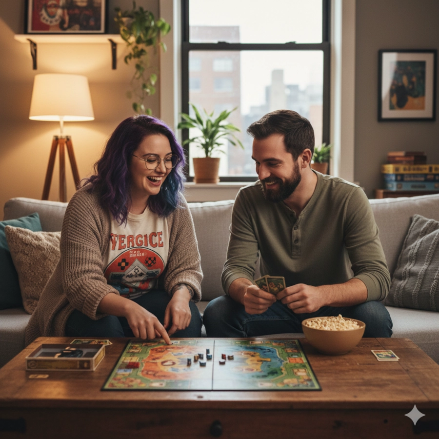 Euro game enthusiasts strategizing over a complex board game