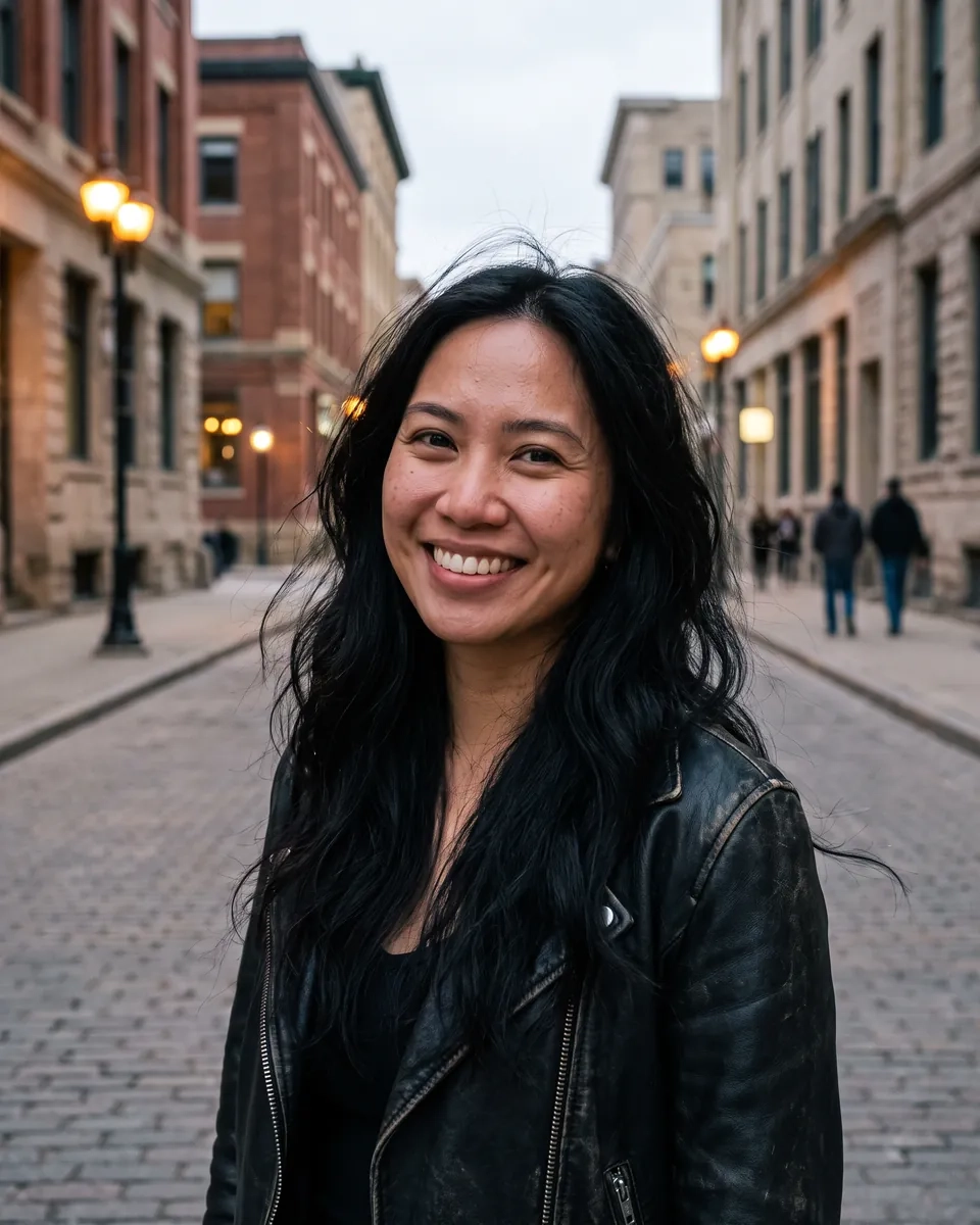 A smiling woman in a leather jacket on a heritage brick street in Winnipeg's Exchange District at dusk (AI-generated image)