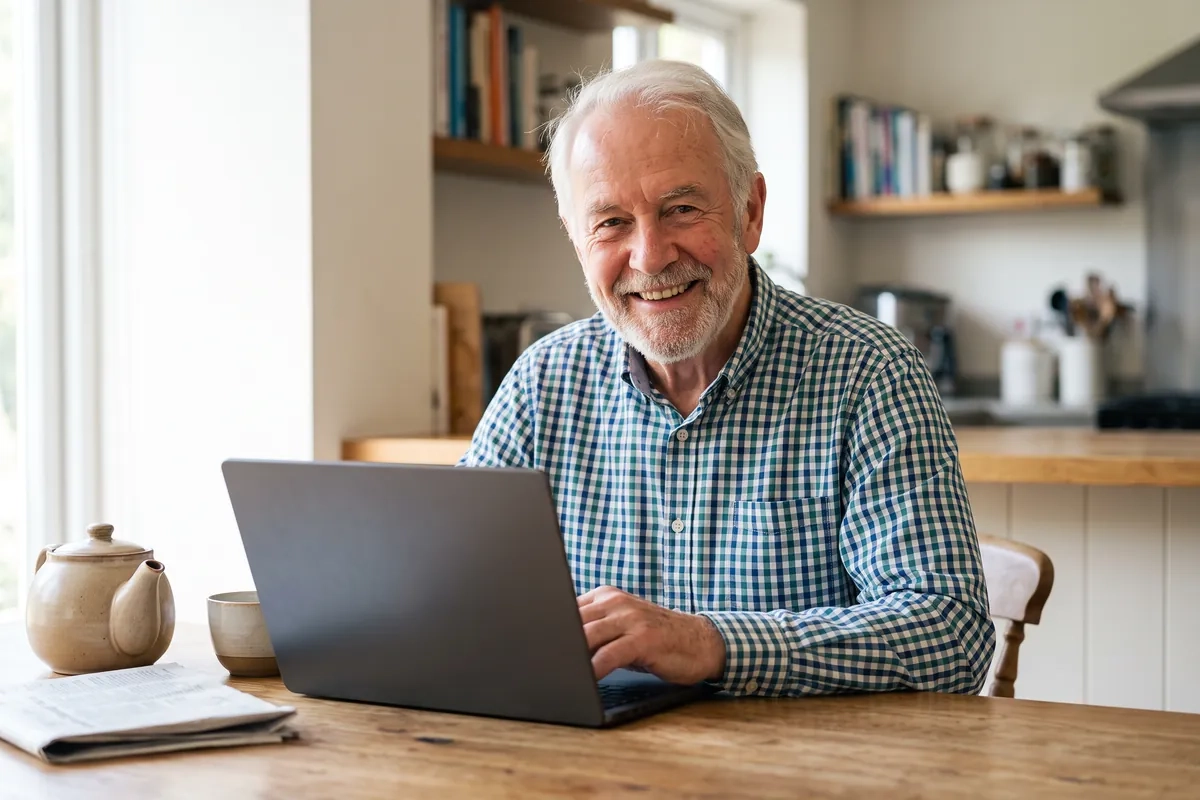 A man in his early seventies with white hair and a trimmed grey beard smiles broadly as he types on a laptop at a wooden kitchen table in morning light (AI-generated image)