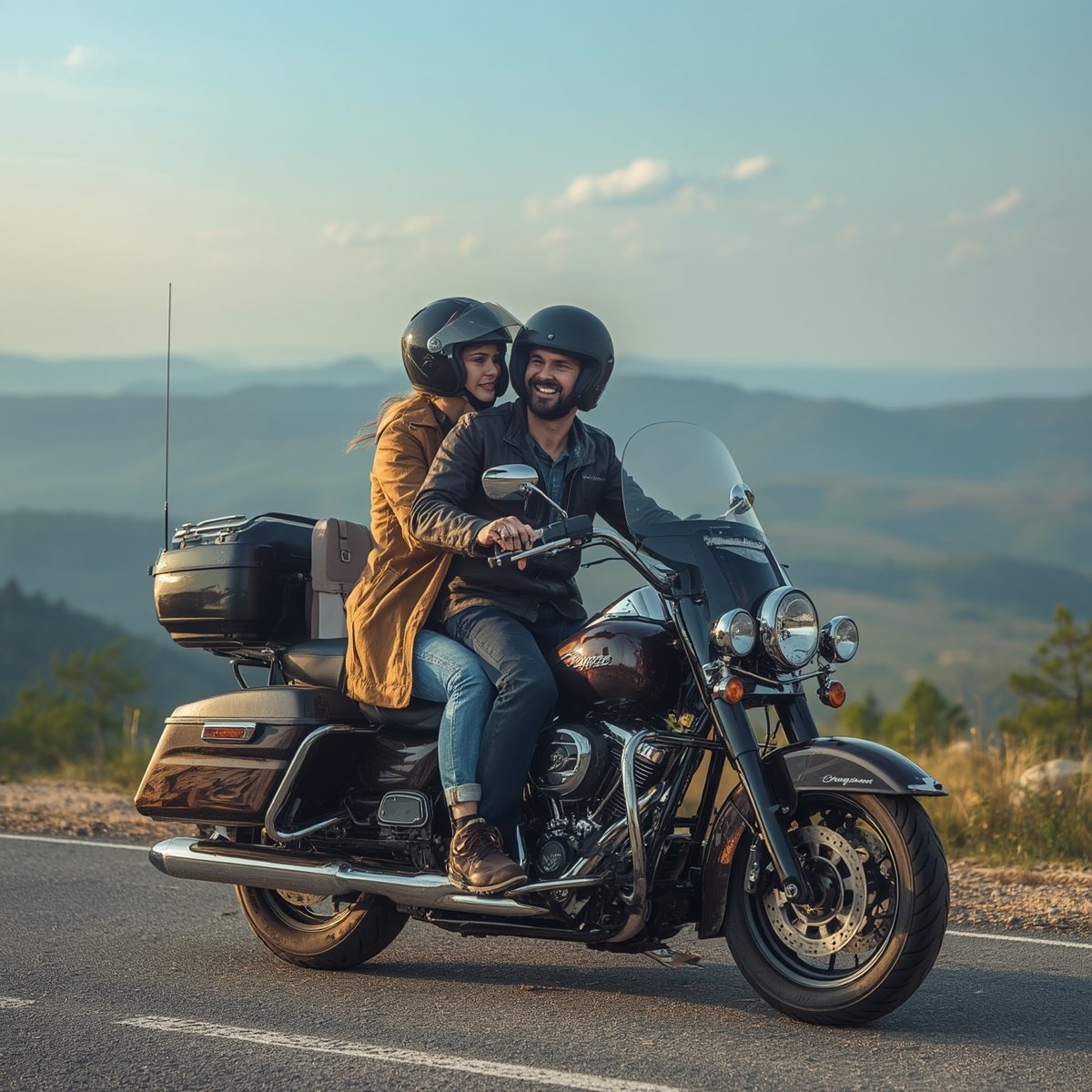 A smiling couple riding a touring motorcycle together with mountains in the background