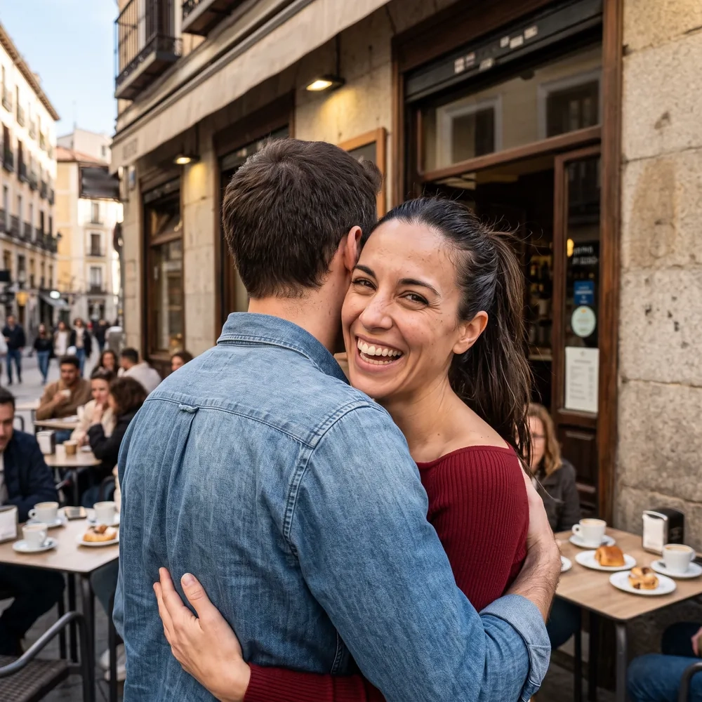 Una mujer con coleta y jersey rojo abraza a un chico con camisa vaquera a la puerta de un café de Madrid y se ríe a la cámara (imagen generada por IA)