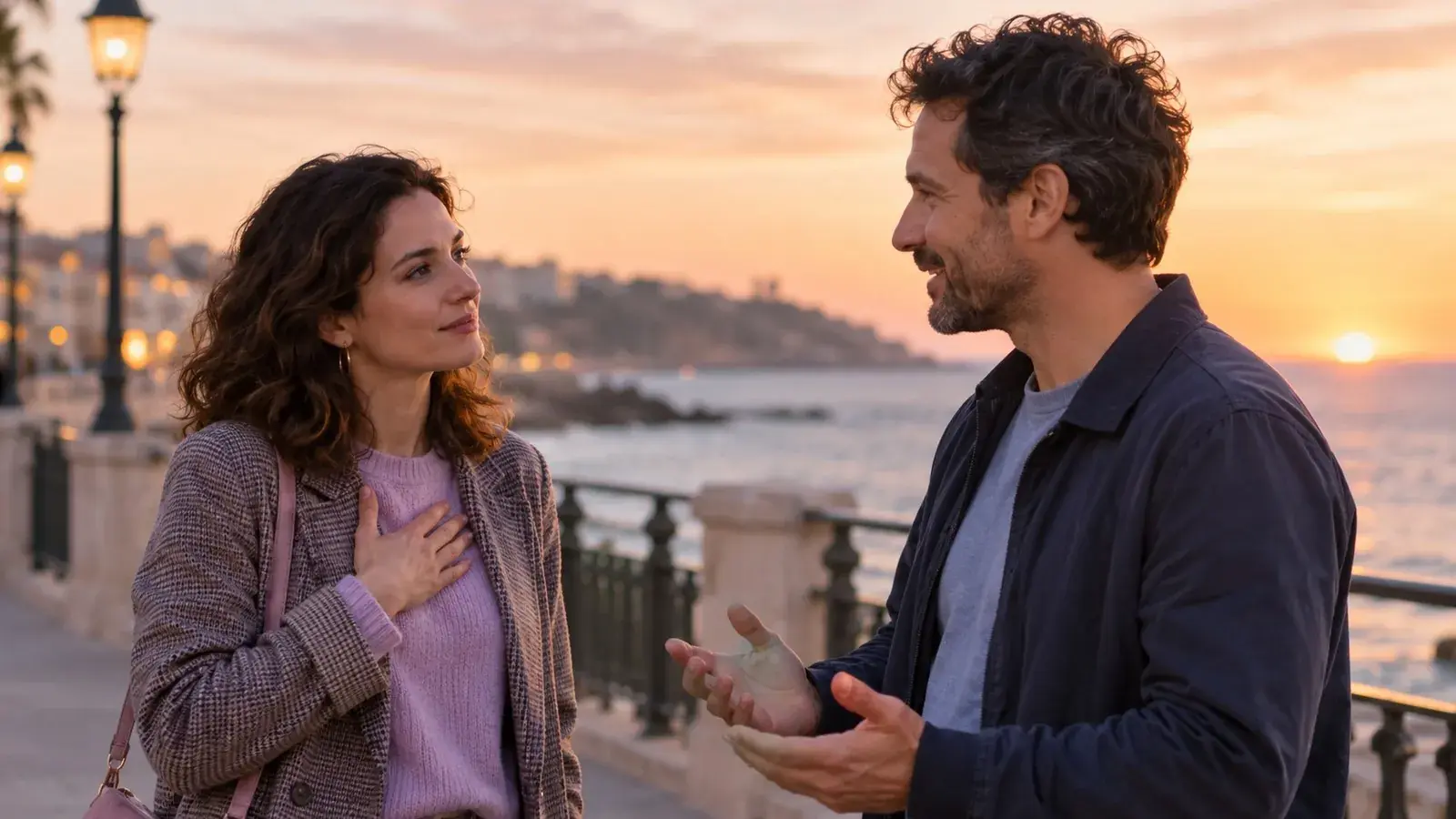 Dos personas adultas conversan con respeto en un paseo junto al mar al atardecer