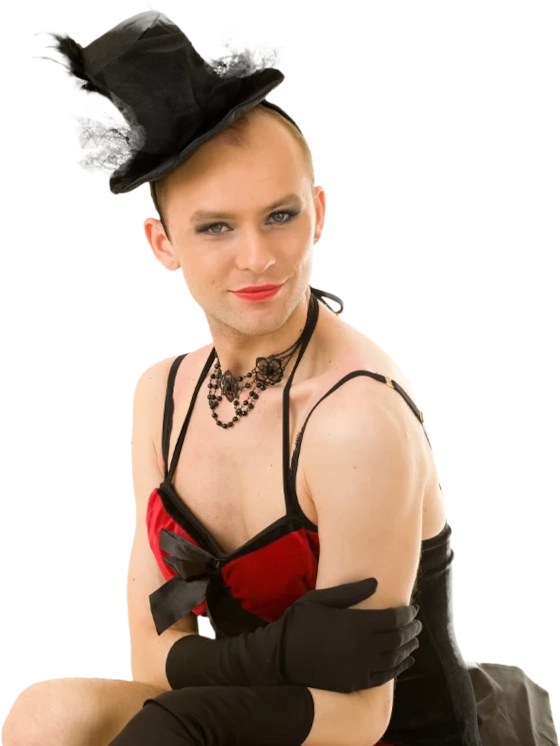 A crossdresser in a little black top hat, lace choker, red and black corset and long gloves