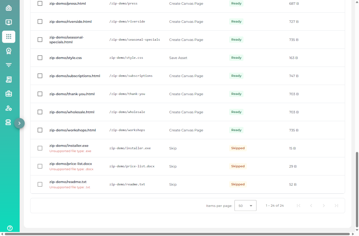 The table sorted by Status so the three skipped files (installer.exe, price-list.docx, readme.txt) are grouped together, each showing the reason Unsupported file type and a Skipped status. A stylesheet shows the Save Asset action.