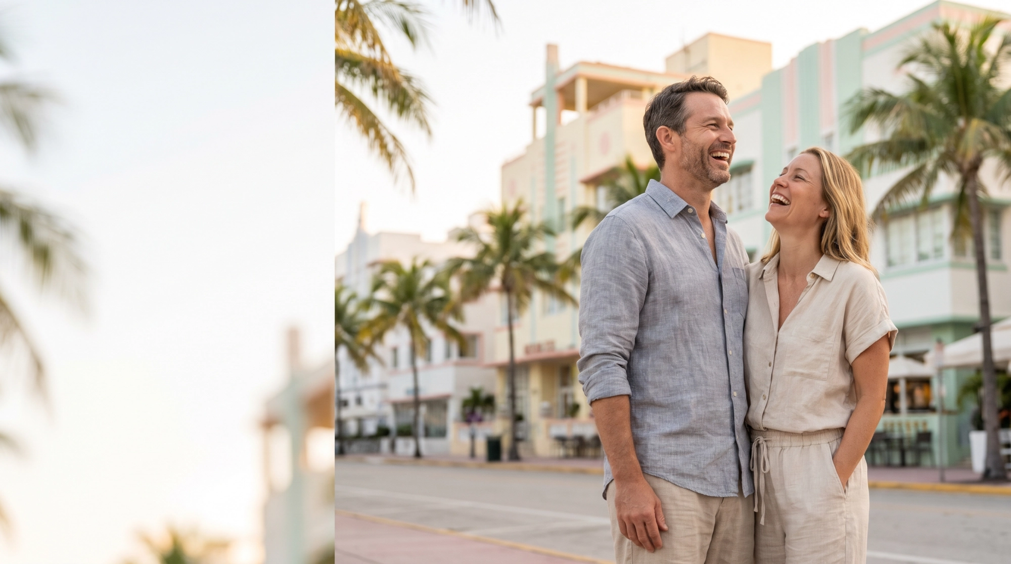 A happy couple laughing together on Ocean Drive in Miami Beach with pastel Art Deco buildings behind them