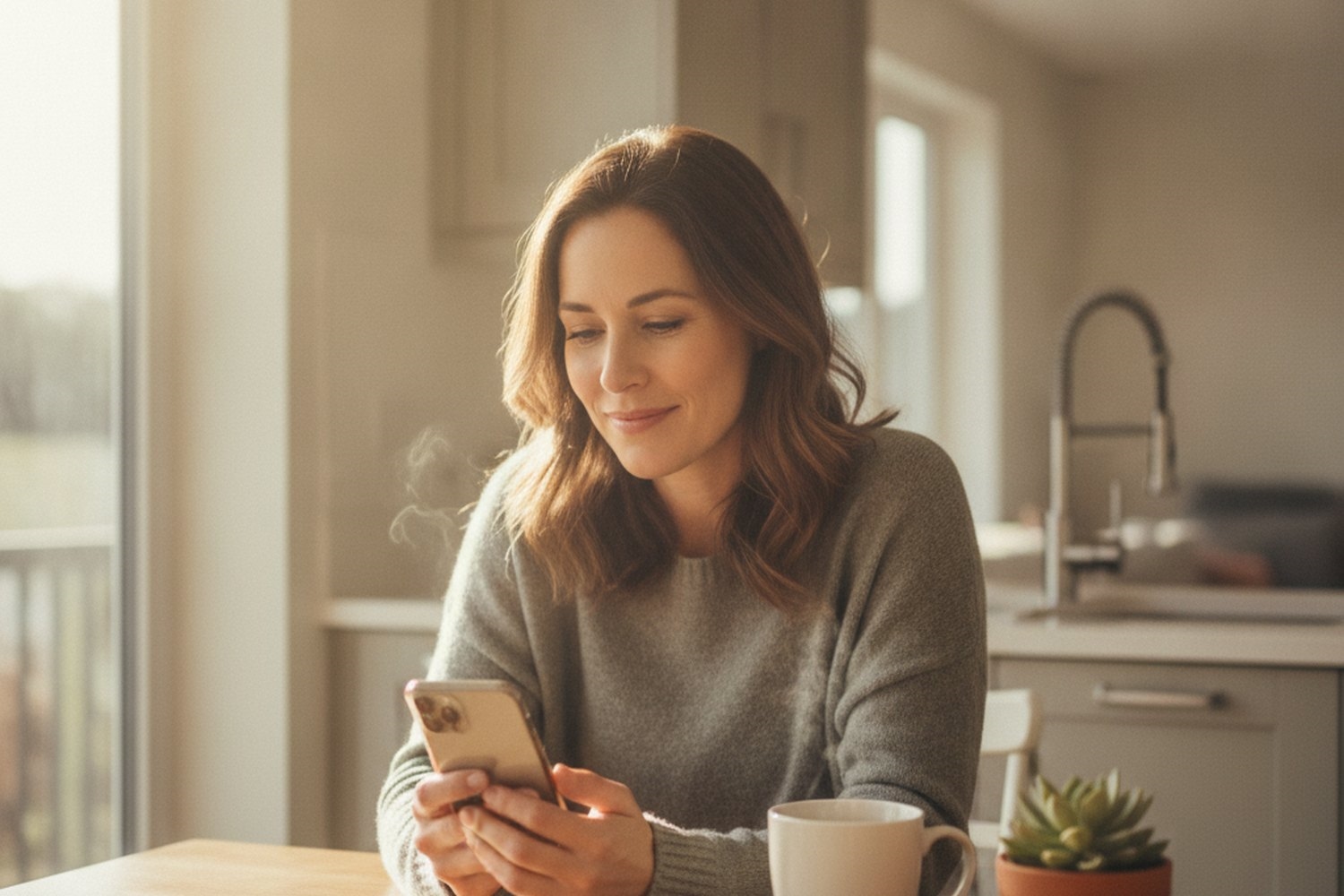 A person checking a dating app on their phone at a kitchen table in warm daylight