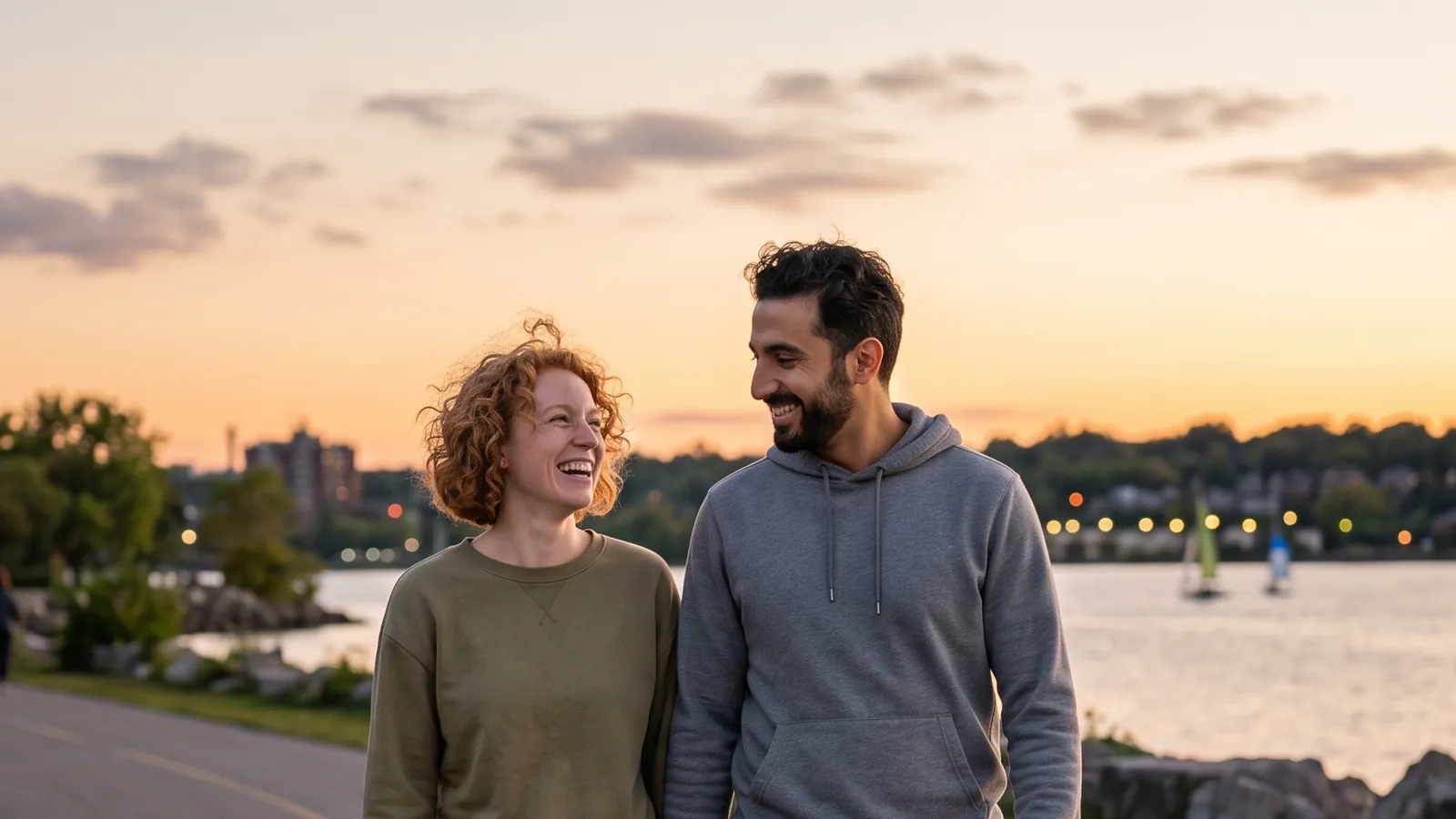 A laughing couple walking on Hamilton's waterfront trail at sunset, sailboats on the bay behind (AI-generated image)