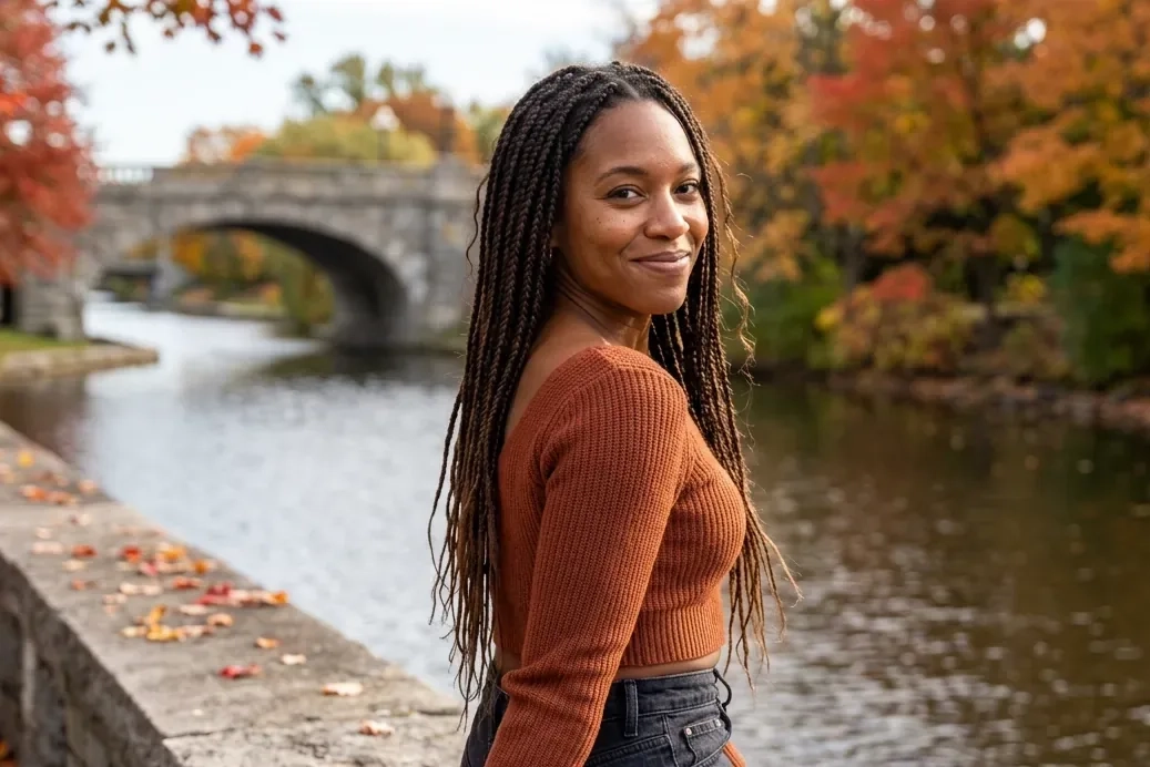 A smiling woman with long box braids, a rust-coloured cropped sweater and dark jeans sits on the stone wall of the Rideau Canal in autumn, glancing back over her shoulder, with red maple leaves and a stone bridge behind her (AI-generated image)