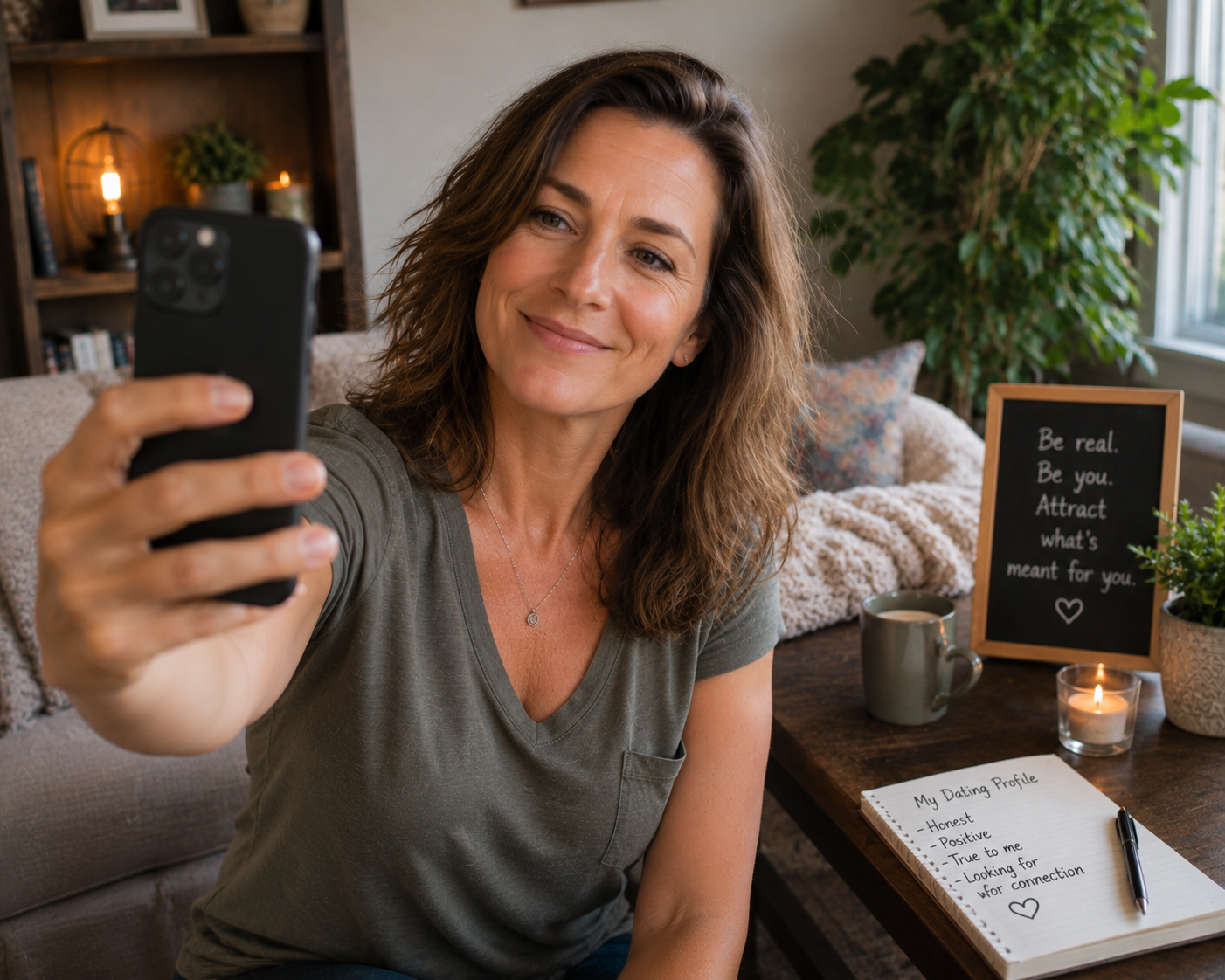 A woman takes a selfie on her phone in her living room, smiling warmly, with a notebook titled 'My Dating Profile' listing 'honest, positive, true to me' on the table beside her
