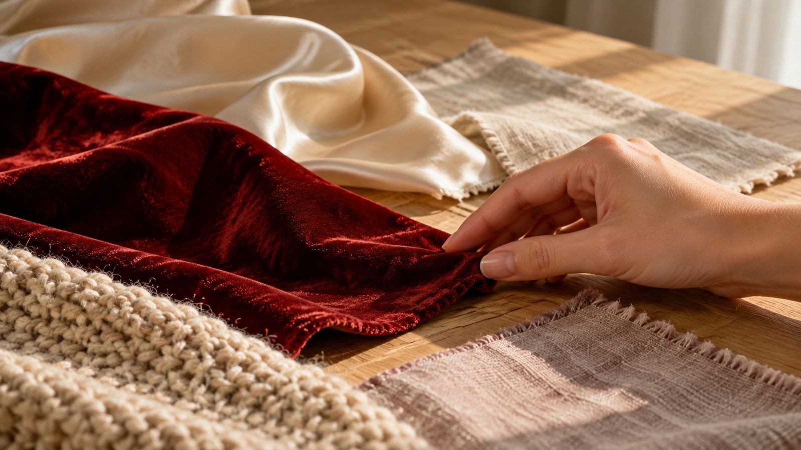 Una mano roza el borde de un retal de terciopelo rojo entre telas de distintas texturas —seda, lino y punto grueso— extendidas sobre una mesa de madera con luz natural