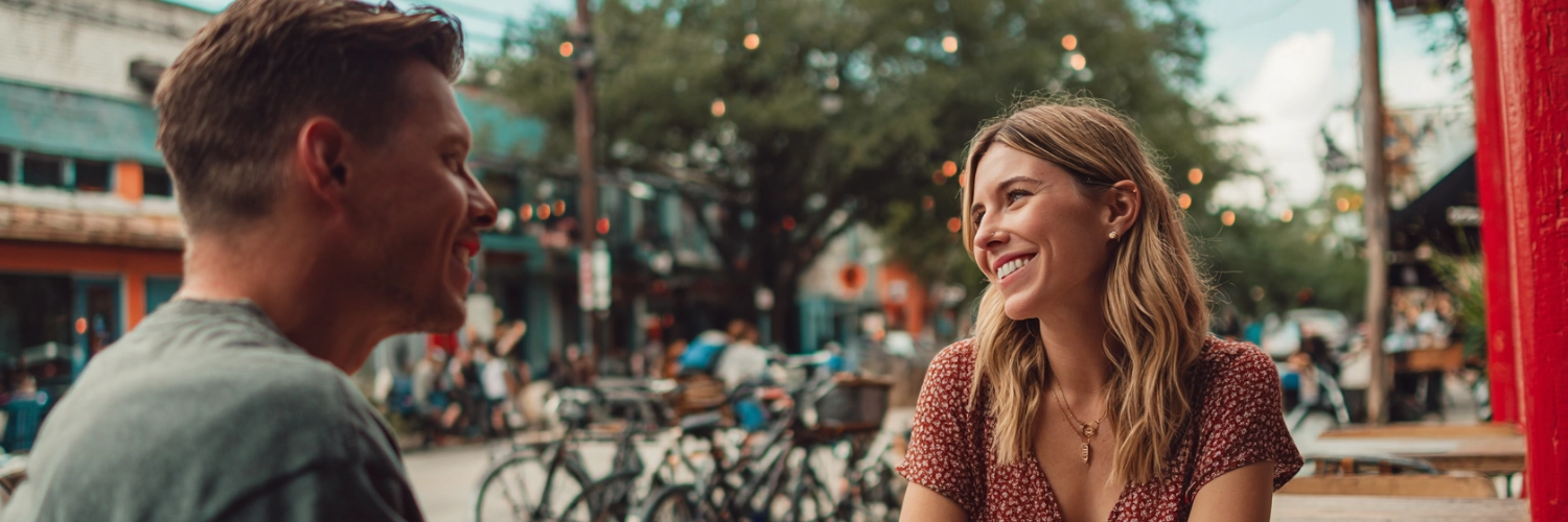 A romantic night out in Houston with couples enjoying a lively atmosphere.