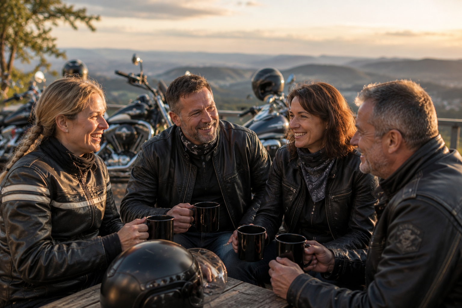 Four riders in leather jackets sharing coffee at an outdoor table at sunset, laughing and chatting with motorcycles in the background