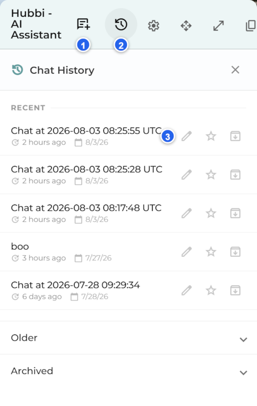 The Hubbi Chat History panel. Marker 1 points to the New Chat button in the header, 2 to the Chat History clock button, 3 to a chat's quick actions: rename, star, and archive. The panel lists chats under Recent, with Older and Archived groups below.