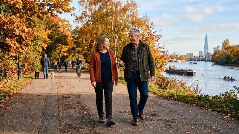 Two people walking side by side along a riverside path, having a relaxed conversation