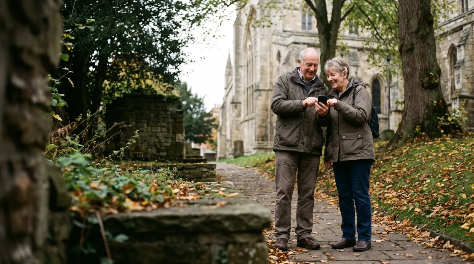 A couple in the autumn grounds of a cathedral in Armagh; the woman wears hearing aids