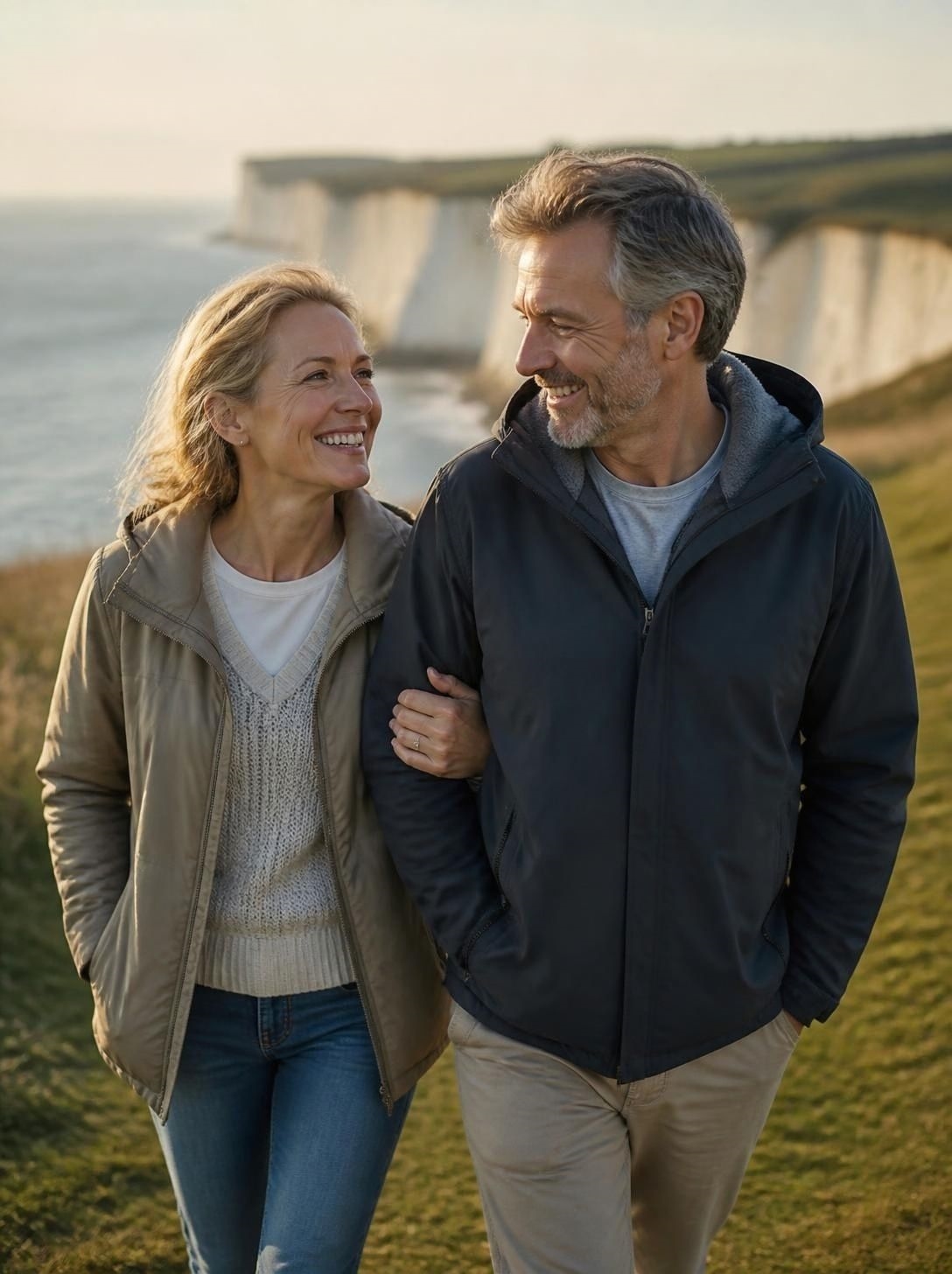 A happy couple walking arm in arm along the White Cliffs of Dover