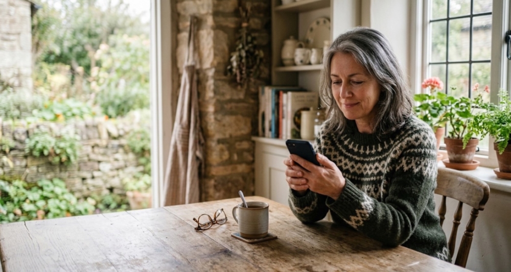 A woman in her fifties sitting at a kitchen table with a mug of tea, thinking about how to reply to a message on a dating app