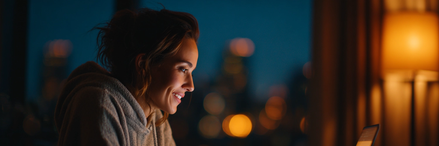 A couple smiling and connecting over a virtual date in Austin, Texas.