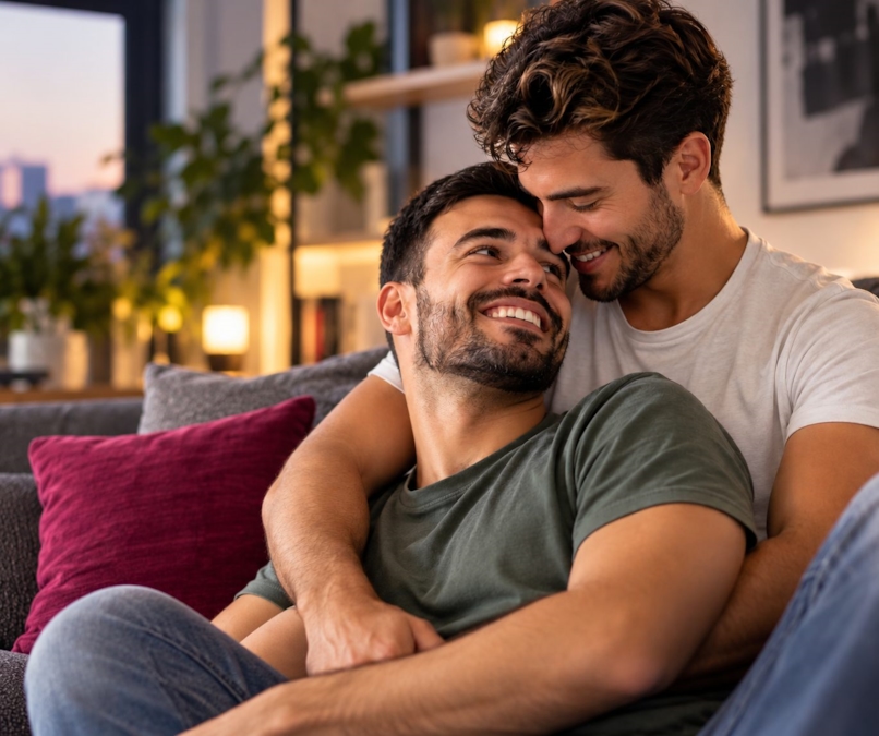 Dos hombres gay abrazados y sonriendo en el sofá