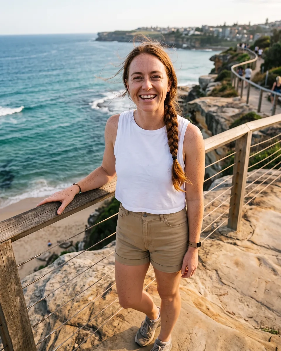A woman with a long auburn plait in a white crop top grins at the railing of the Bondi to Coogee coastal walk in Sydney, the ocean and a sandy cove below (AI-generated image)