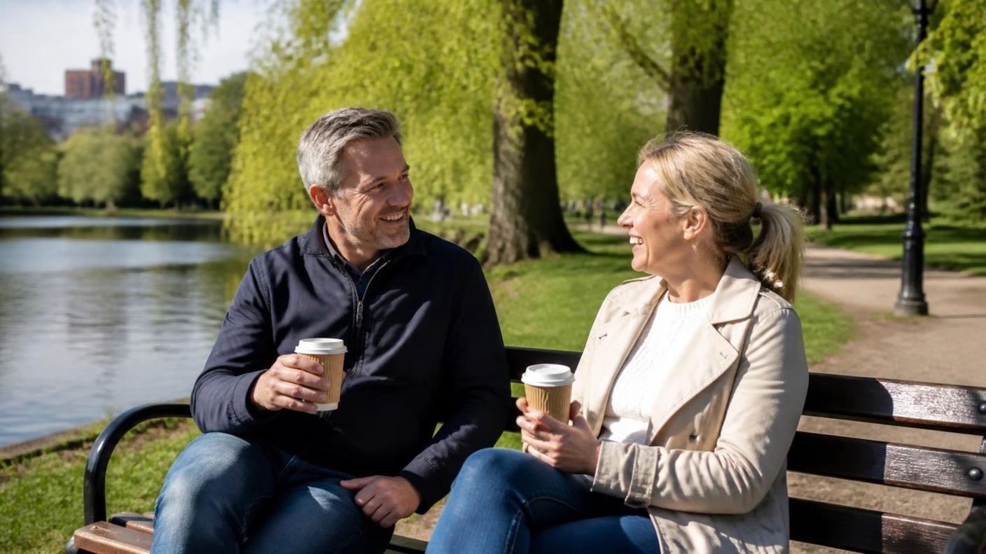 A couple laughing over takeaway coffees on a bench beside a park lake