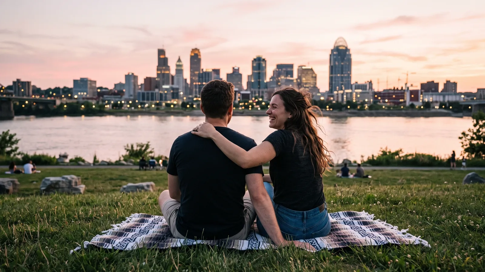 A couple sits on a blanket on the grass of a riverside park at sunset, a city skyline on the far bank (AI-generated image)