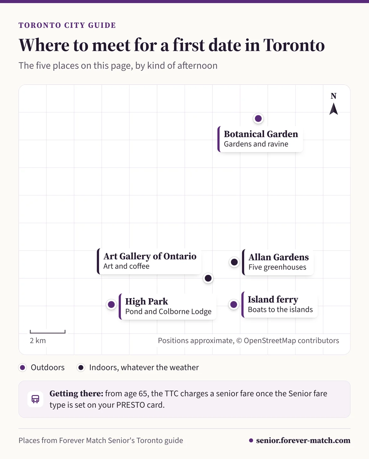 Map of first-date places in Toronto: Allan Gardens, the Toronto Botanical Garden, the AGO, High Park and the Toronto Island ferry