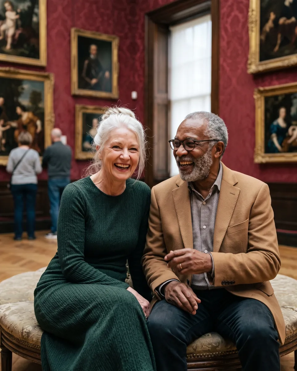 A woman in her late sixties in a green dress and a man in his early seventies with a grey beard and glasses laugh together on a bench in a red gallery room hung with old paintings (AI-generated image)