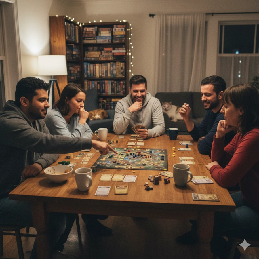 Regular game group gathered around a table for weekly game night
