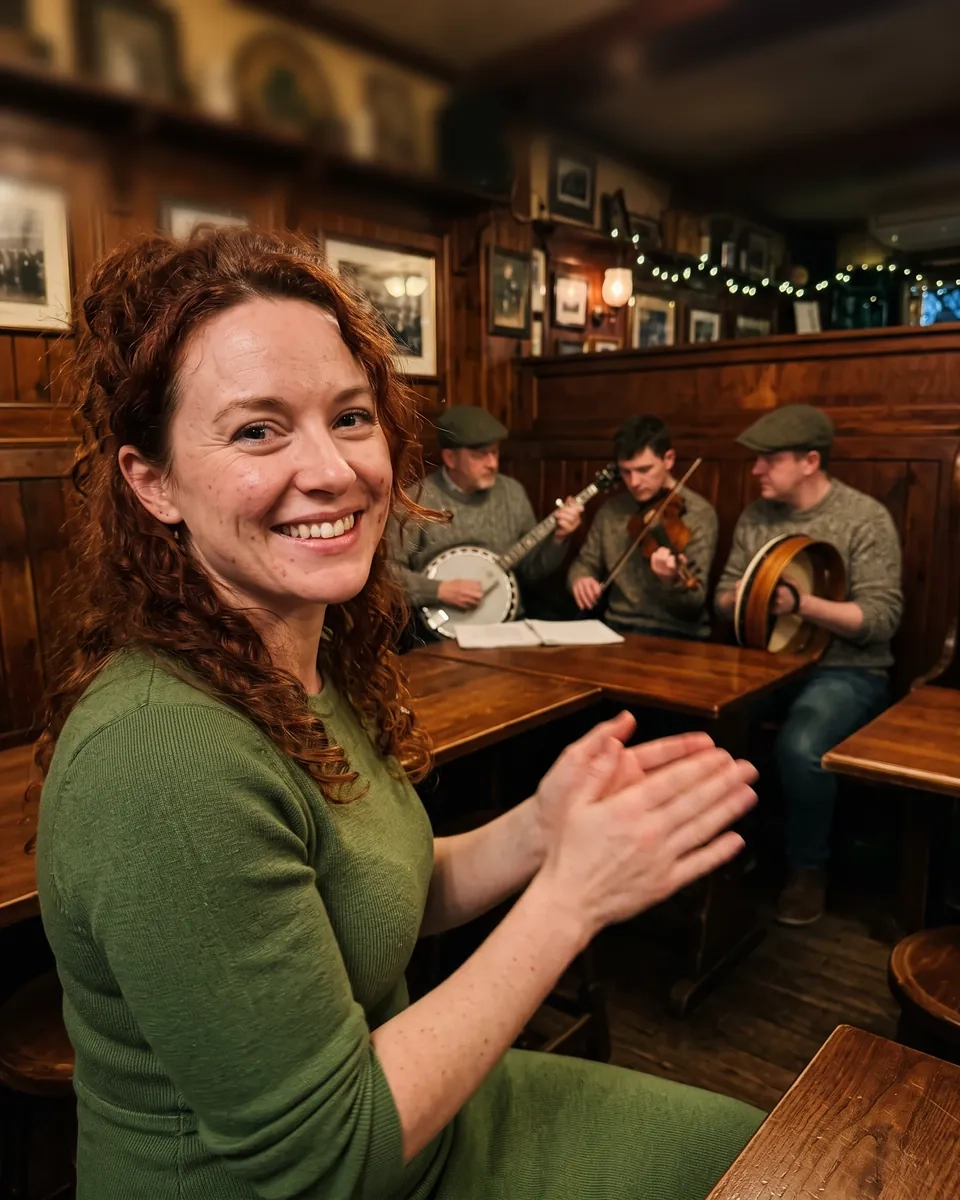 A woman with auburn curls in a green knit dress claps along in a wood-panelled pub while musicians play fiddle, banjo and bodhrán behind her (AI-generated image)