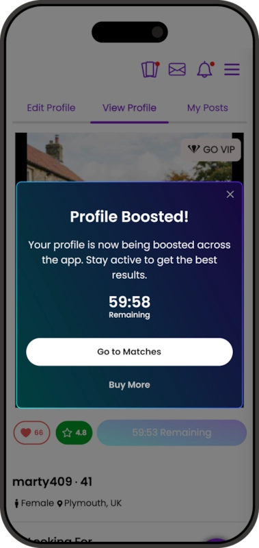 The Profile Boosted popup with a live one-hour countdown