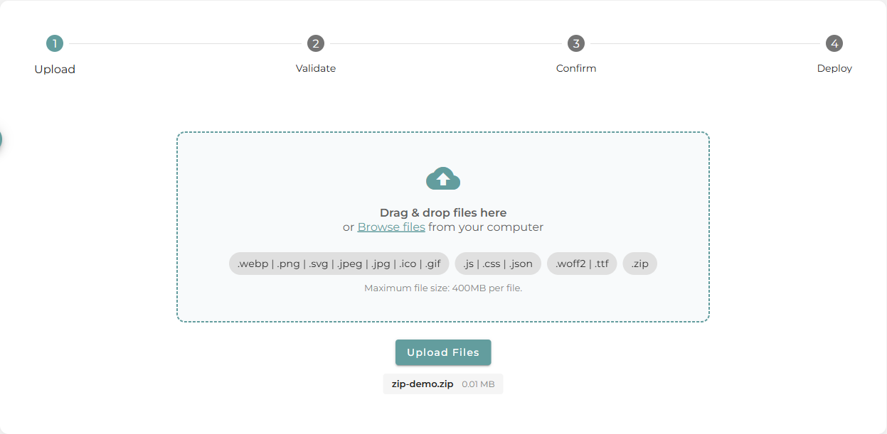 The Upload step with a file named zip-demo.zip queued below the drop zone and the Upload Files button now active.