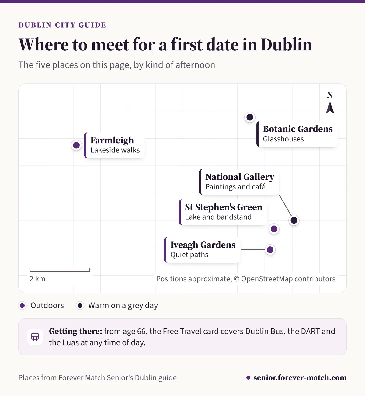 Map of first-date places in Dublin: St Stephen's Green, the Iveagh Gardens, the National Gallery, the Botanic Gardens and Farmleigh