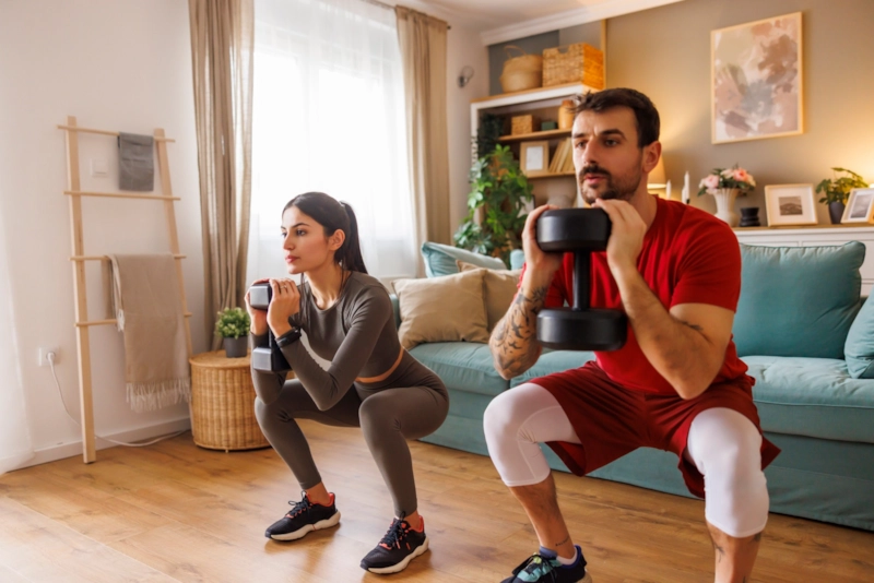 A woman and man doing dumbbell squats together in a living room