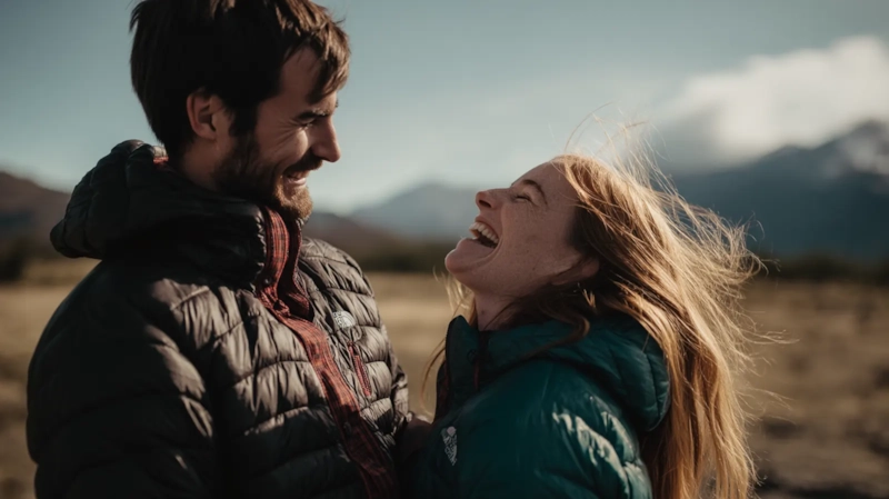 A couple laughing together on a windswept mountain hike