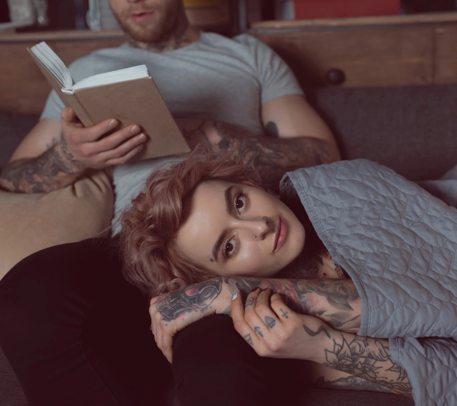Tatted couple relaxing in Portland