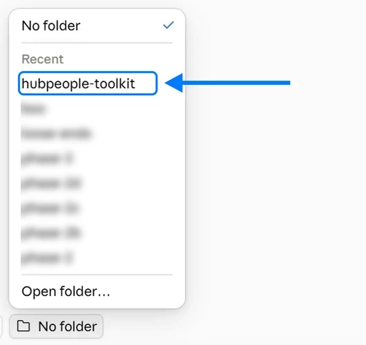 The folder menu under the message box, with hubpeople-toolkit under Recent and Open folder at the bottom.