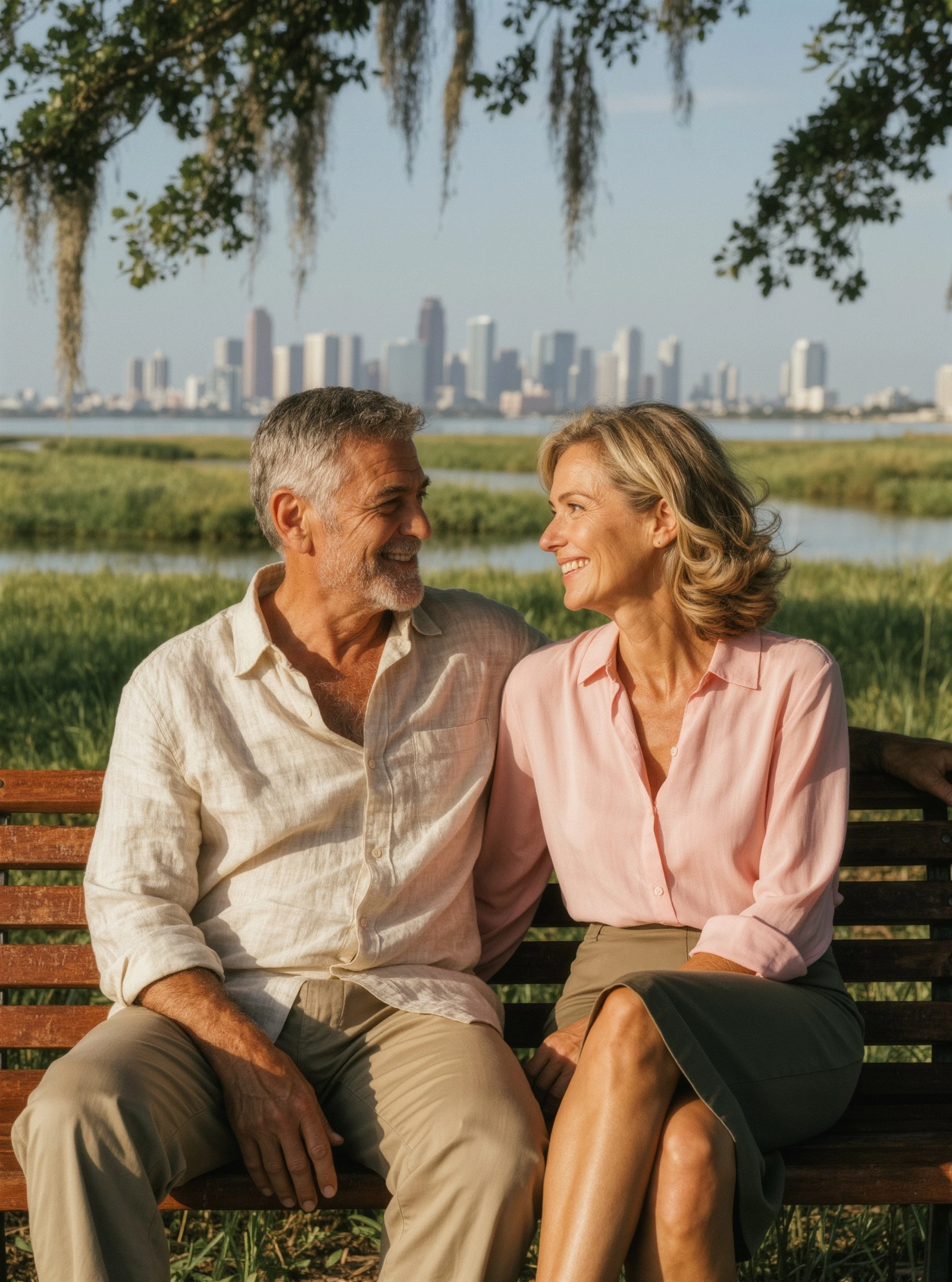 A smiling couple in their fifties sitting together on a park bench with a city skyline in the distance