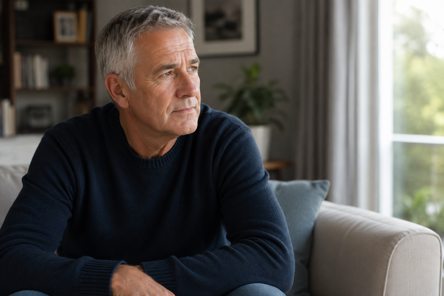 An older man sits on a sofa at home, arms resting on his knees, looking thoughtfully out of a nearby window