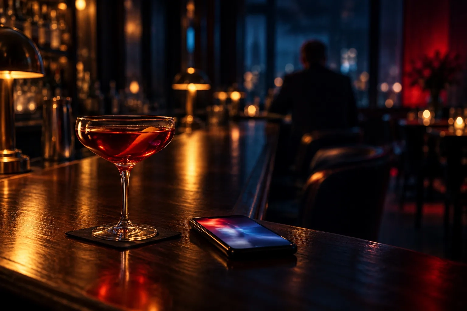 Una copa y un teléfono sobre la barra de madera oscura de un bar de hotel por la noche