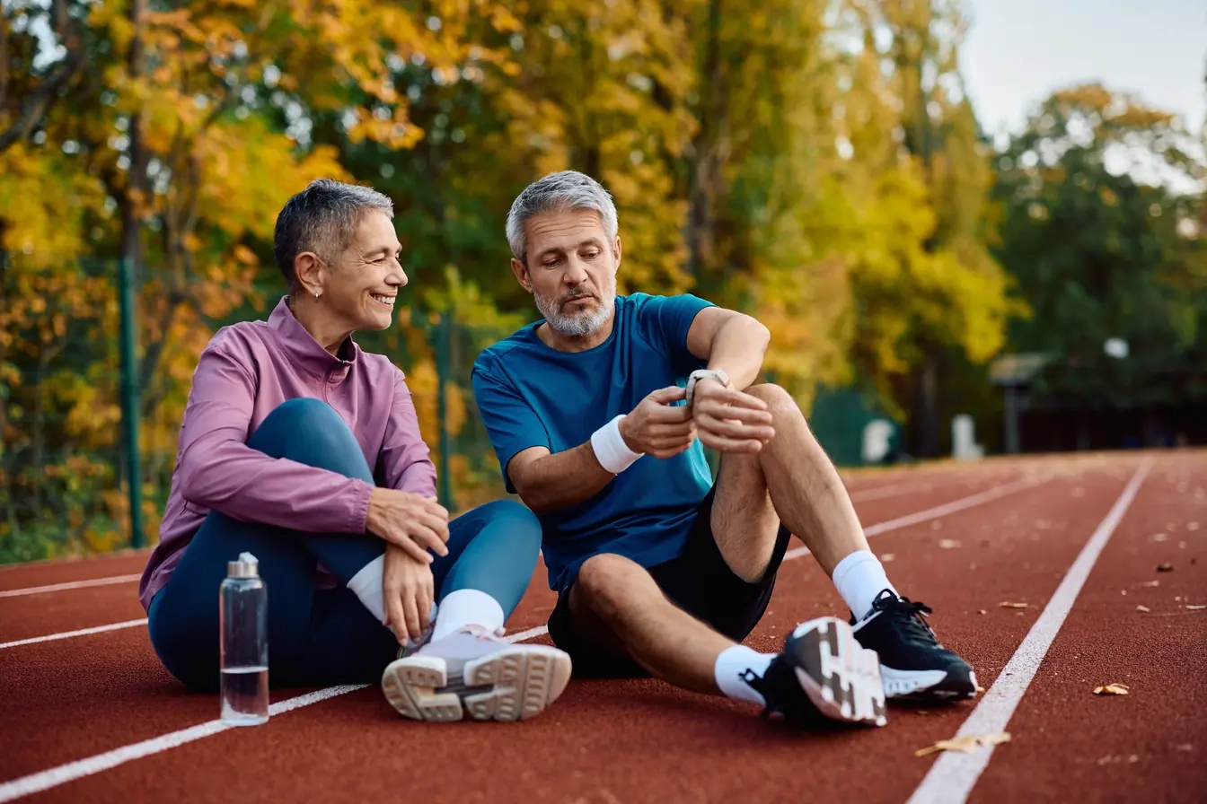 A silver-haired woman and man resting together on an autumn running track, him checking his watch
