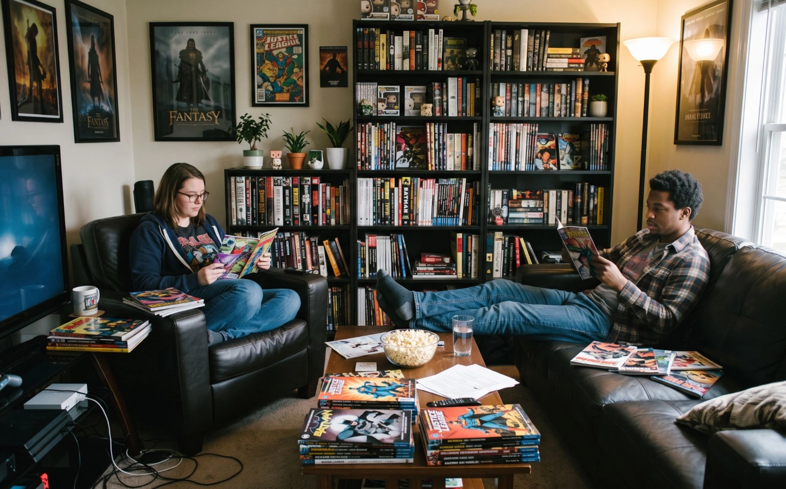 Two people reading comics in a living room with shelves of graphic novels and stacks of Batman and Justice League books
