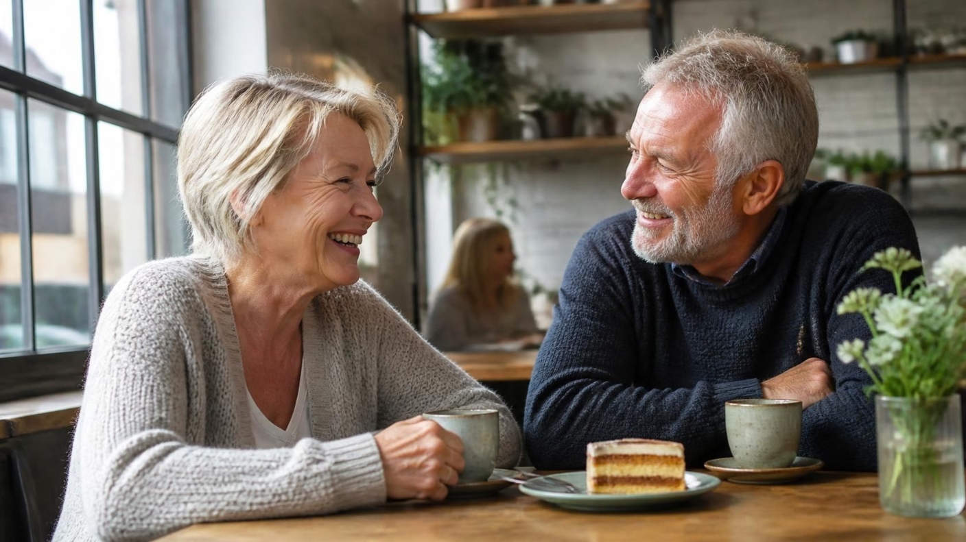An older couple laughing over tea and cake at a café table
