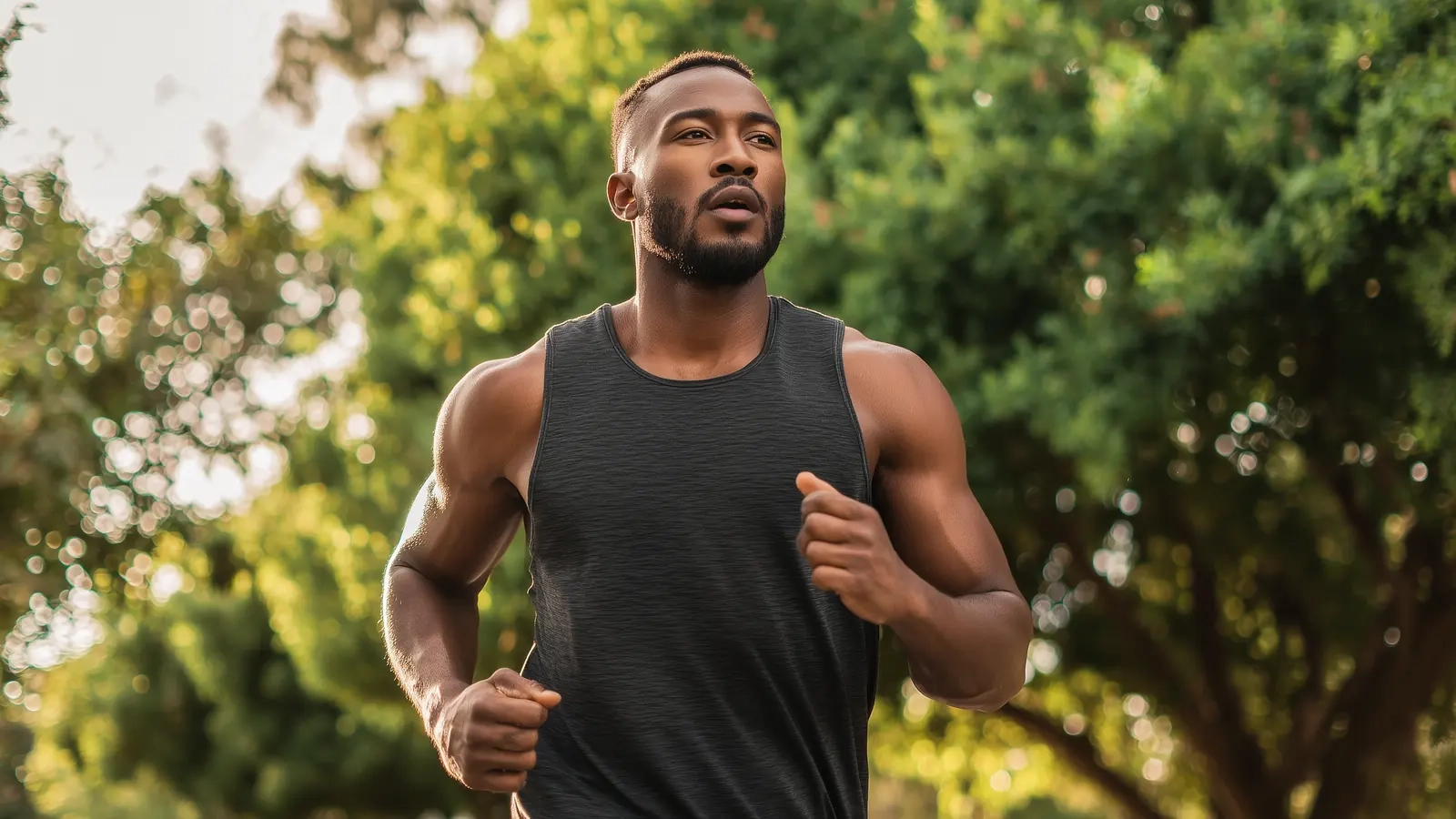 A smiling man in a running vest jogging through a sunny, leafy park
