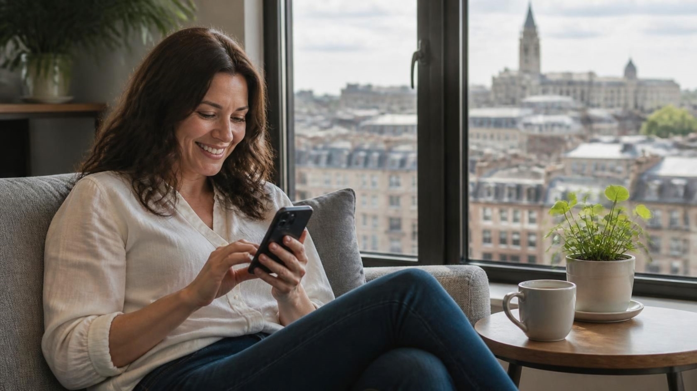 A woman smiling at her phone on a sofa by a window overlooking city rooftops
